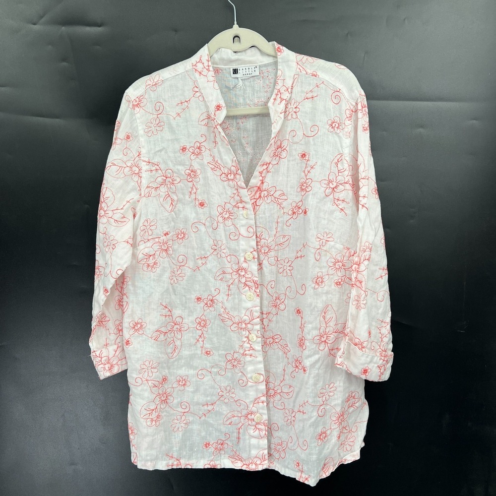 Vintage‎ Carole Little white linen button top embroidered floral coastal grandma